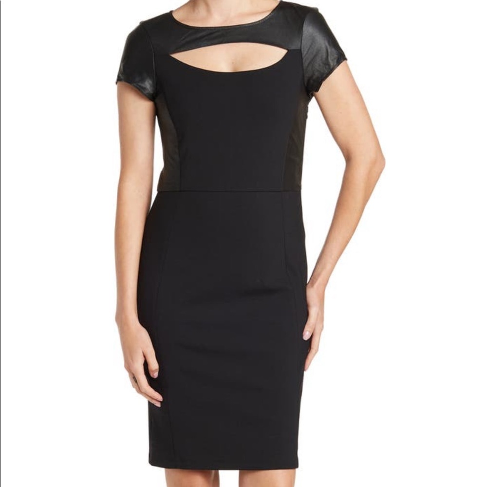 NWT AS by DF Alessandra Faux Leather Trim Mesh Panel Cutout Sheath Dress
